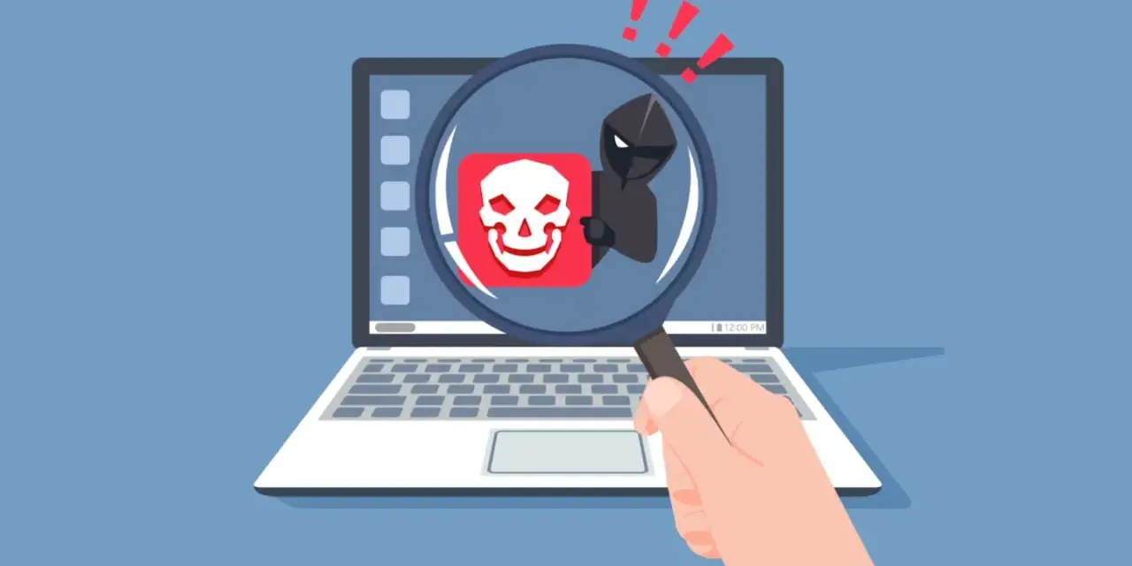 Lupa amplía un icono de calavera sonriente y un hacker, indicando la amenaza del virus Melissa.