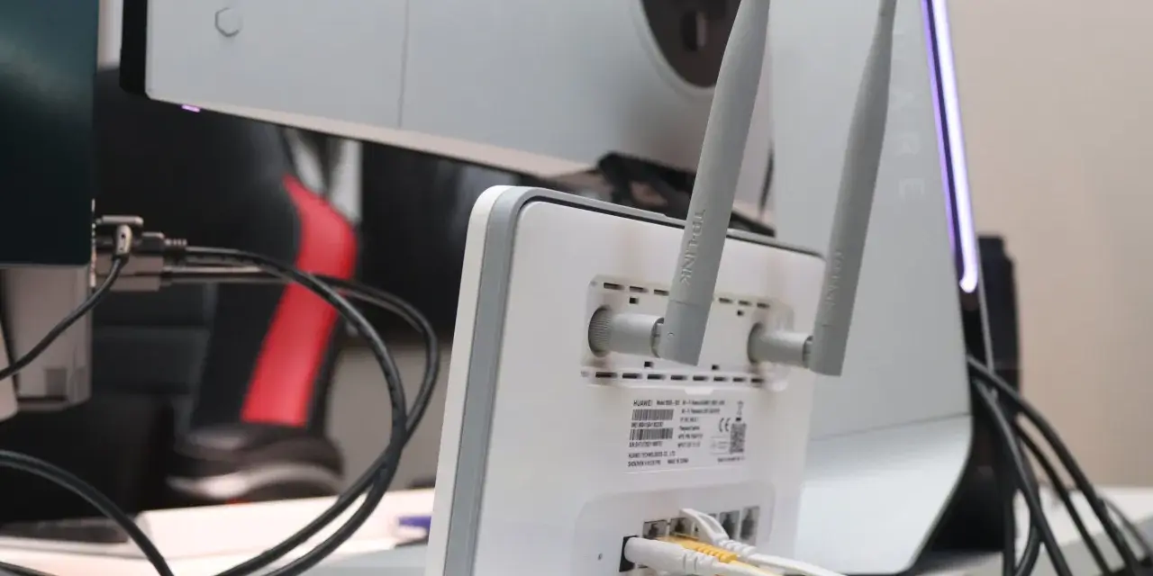 Router con antenas y cables conectados. El nombre de la red Wi-Fi, o SSID, es lo que buscas para conectarte.
