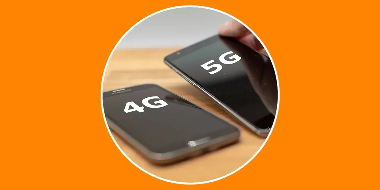 Dos teléfonos móviles, uno con "4G" y otro con "5G" en pantalla, comparando la evolución de la tecnología móvil.