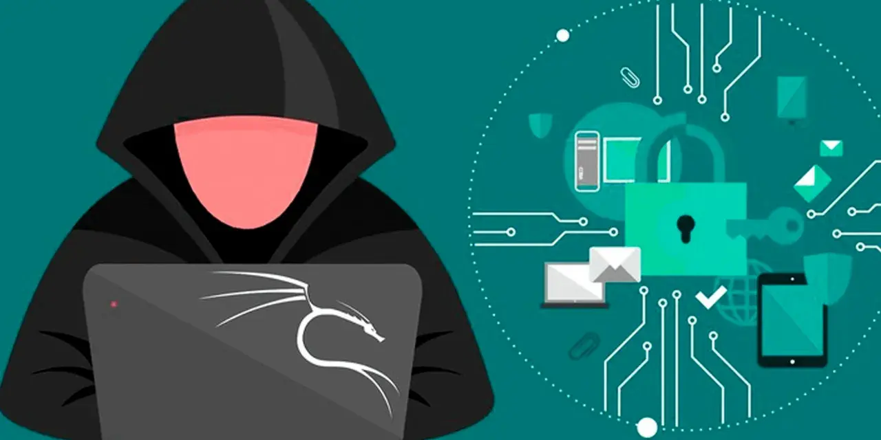 Figura de un hacker con capucha usando un portátil con el logo de Kali Linux. A su lado, un círculo con iconos de seguridad y un sniffer de red.