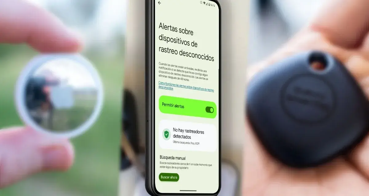 Teléfono muestra cómo activar "Encontrar mi dispositivo" para alertas de rastreo. Un localizador en mano.