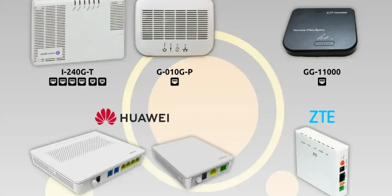Varios modelos de ont router de marcas como Nokia, Huawei, ZTE y Movistar, cada uno con su nombre y diseño distintivo.