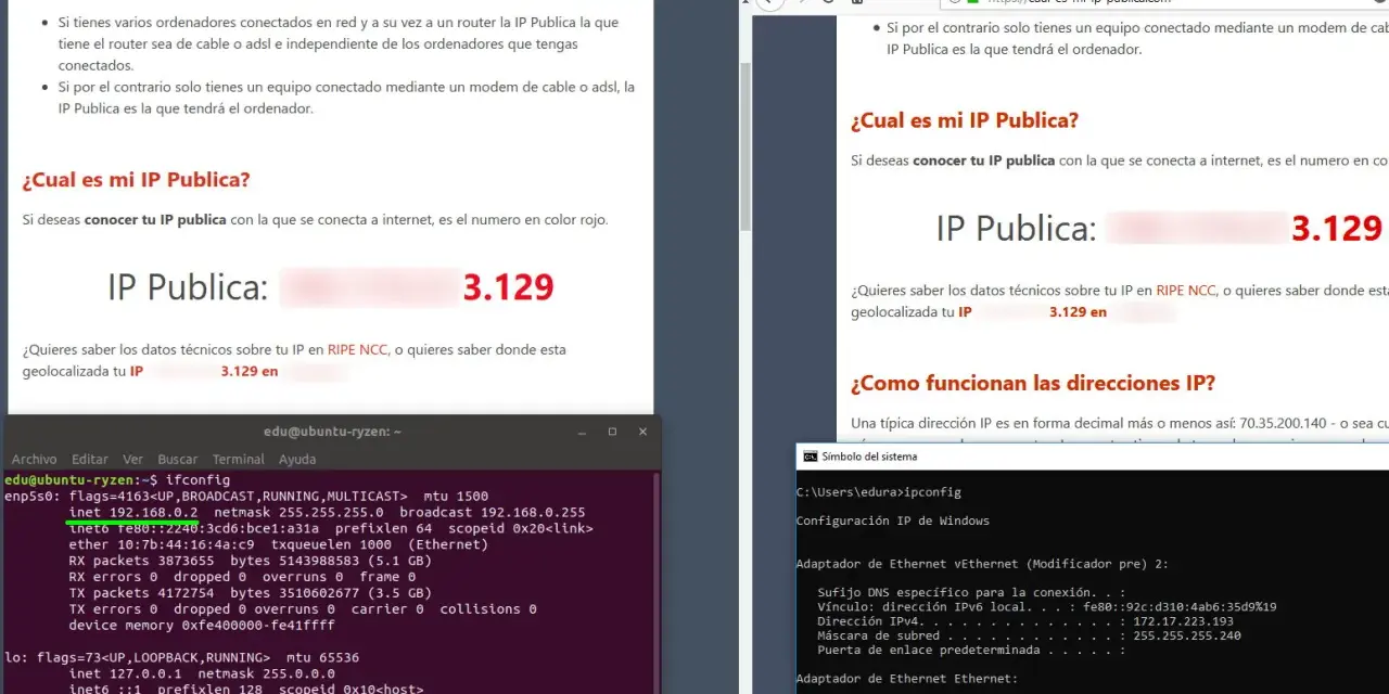 Ventanas y terminales muestran la IP pública 3.129, resultado de una consulta en un ordenador.