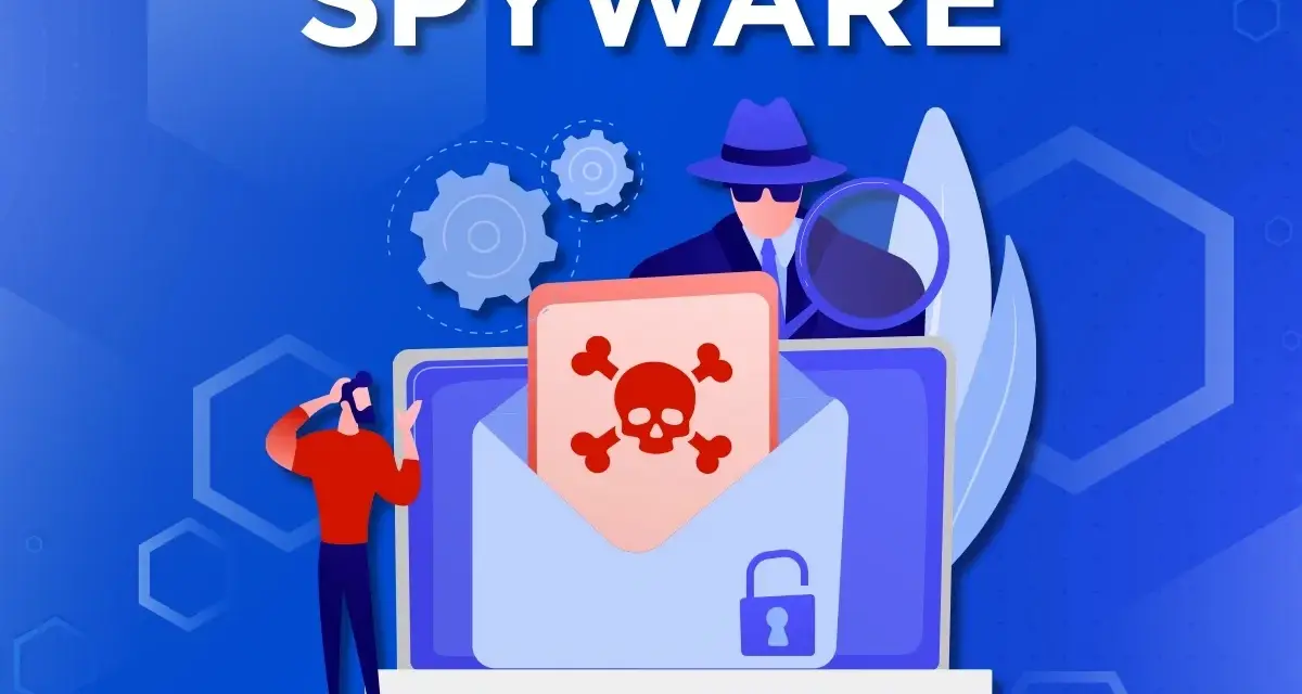 Ilustración sobre tipos de spyware: un detective con lupa investiga un sobre con calavera y candado, mientras una persona preocupada mira.