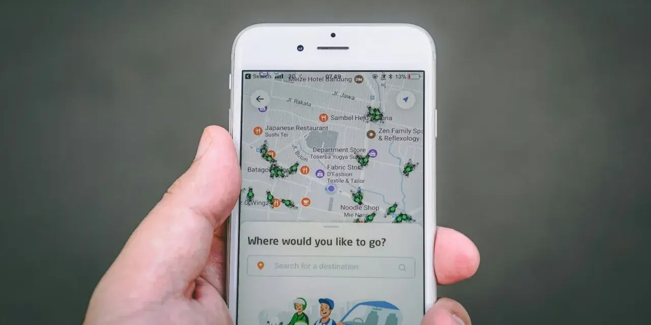 Una mano sostiene un teléfono mostrando una aplicación de localización móvil con un mapa lleno de iconos de insectos verdes y varios puntos de interés.