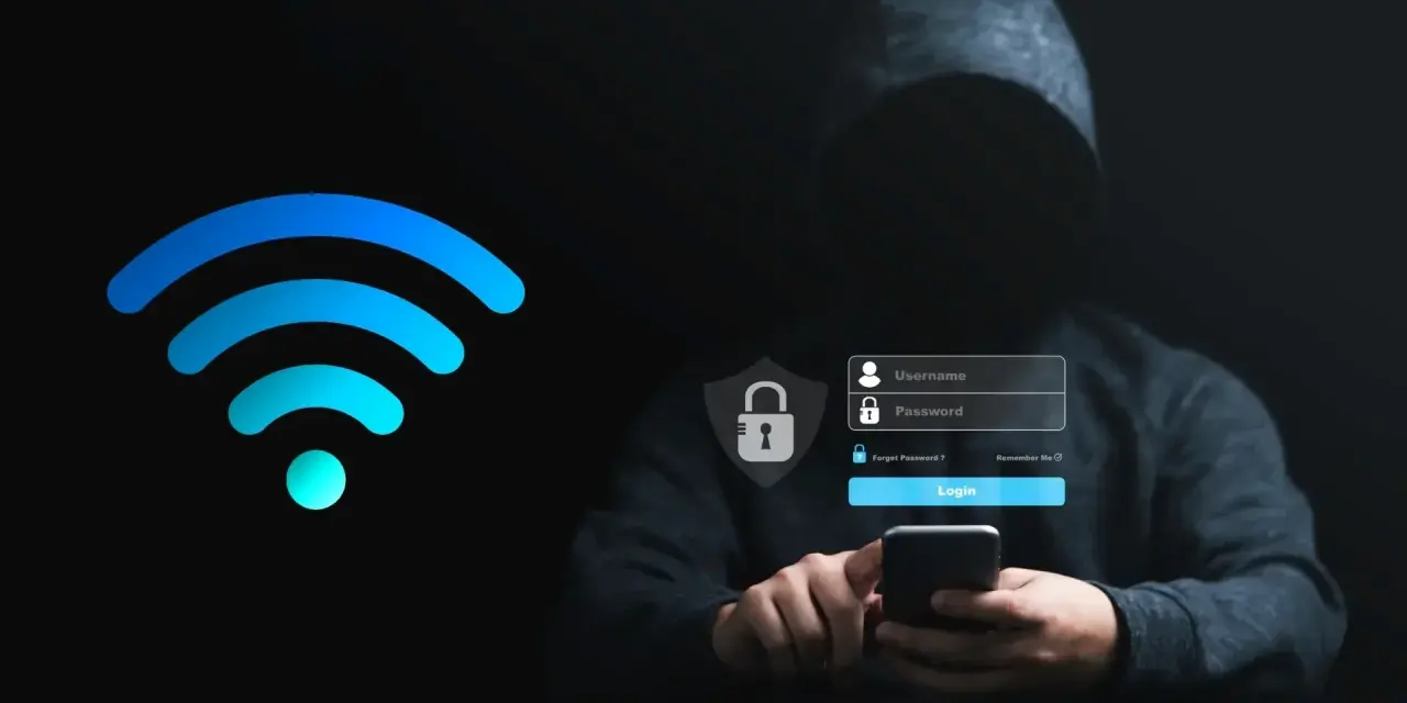 Persona con capucha intenta acceder a dispositivos conectados a mi wifi. Pantalla de inicio de sesión con candado y campos de usuario/contraseña.