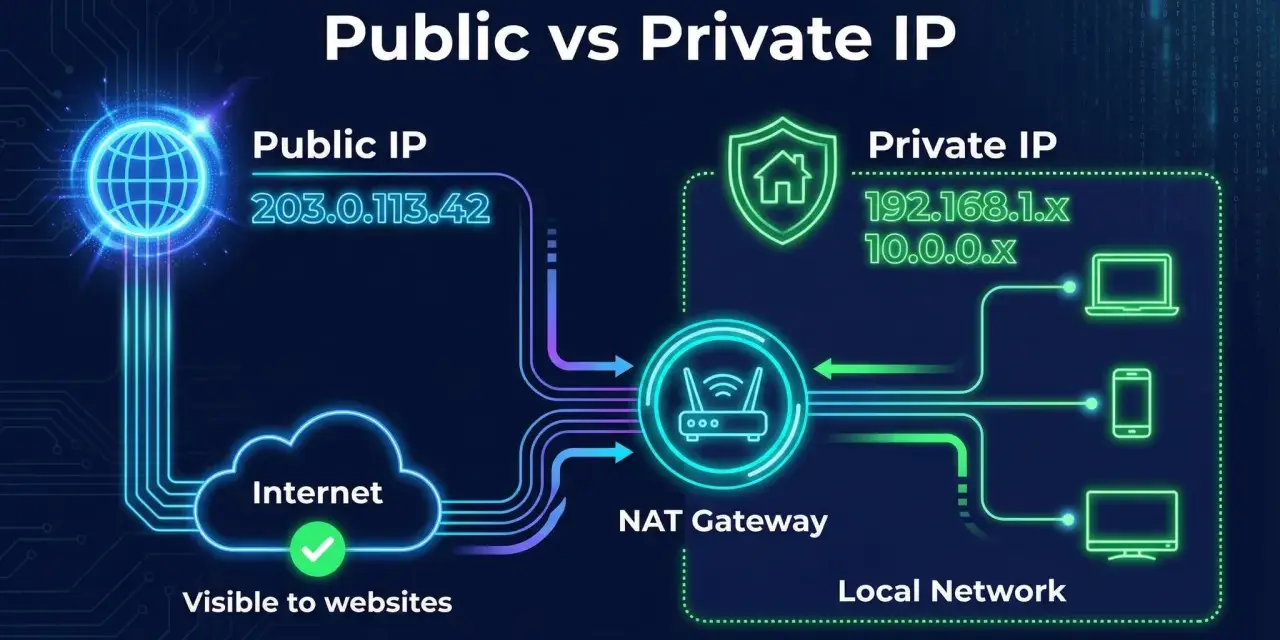 Ilustración comparando direcciones IP públicas y privadas, con un router y un globo para la pública, y una casa y dispositivos para la privada.