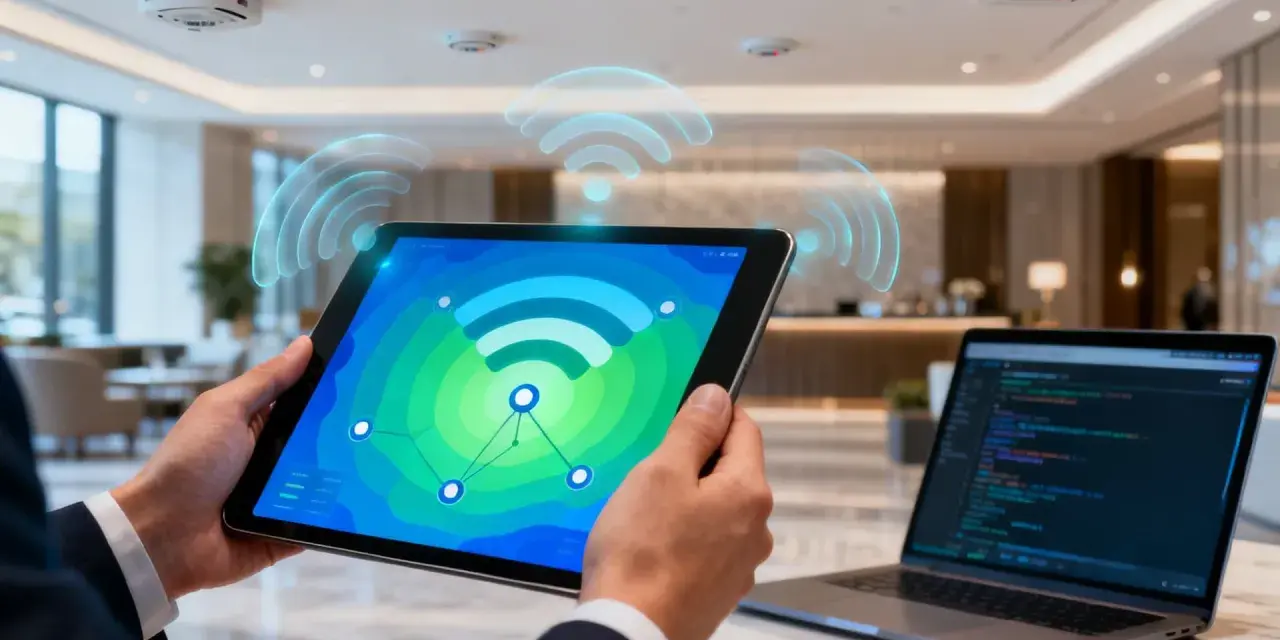 Persona usa una tablet para monitorizar red wifi, con gráficos de señal y puntos de conexión. Un portátil con código está cerca.