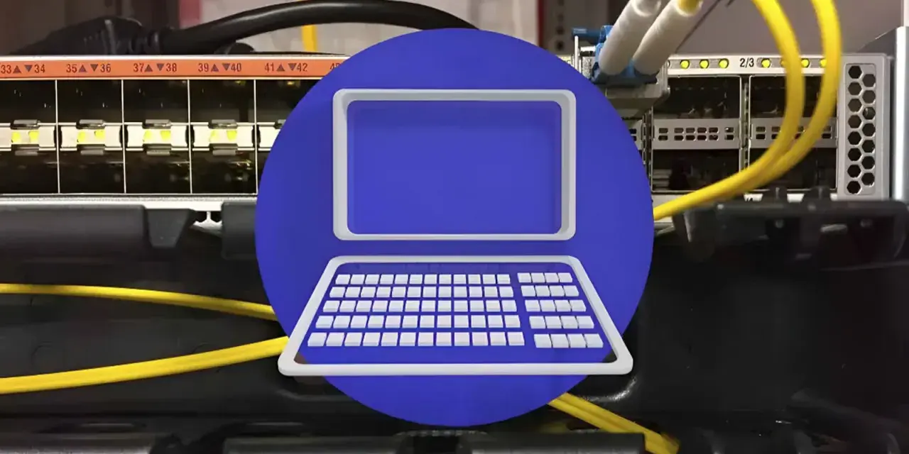 Icono de portátil sobre un switch de red con cables amarillos, simbolizando la conexión cable de red.