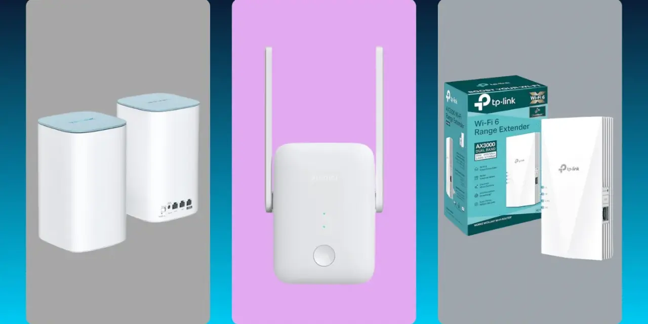 Tres repetidores Wi-Fi: dos blancos cilíndricos, uno blanco Xiaomi y un TP-Link con caja. Aprende como instalar un repetidor de wifi.