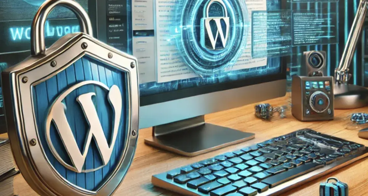 Escudo de seguridad de WordPress con un candado y un monitor que muestra código. La imagen evoca una amenaza digital.