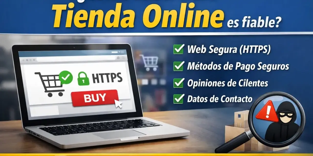 Laptop muestra cómo identificar una web fiable: HTTPS, pagos seguros, opiniones y datos de contacto. ¡Compra con confianza!