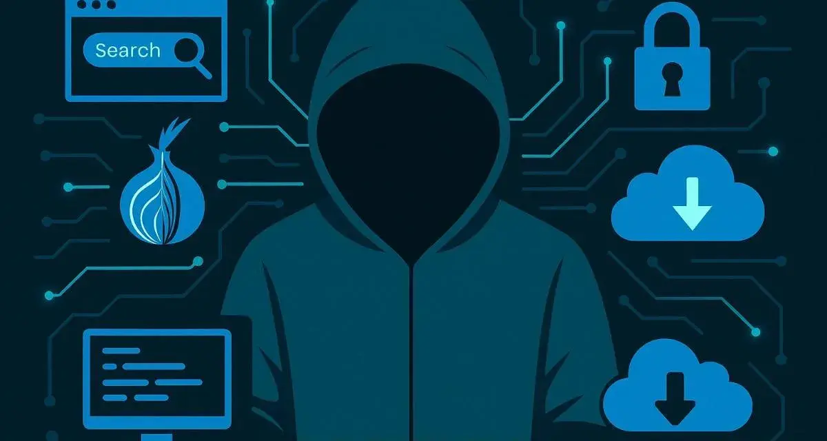 Figura de un hacker con un **security onion** en el centro, rodeado de iconos de búsqueda, candado, nubes y un monitor.