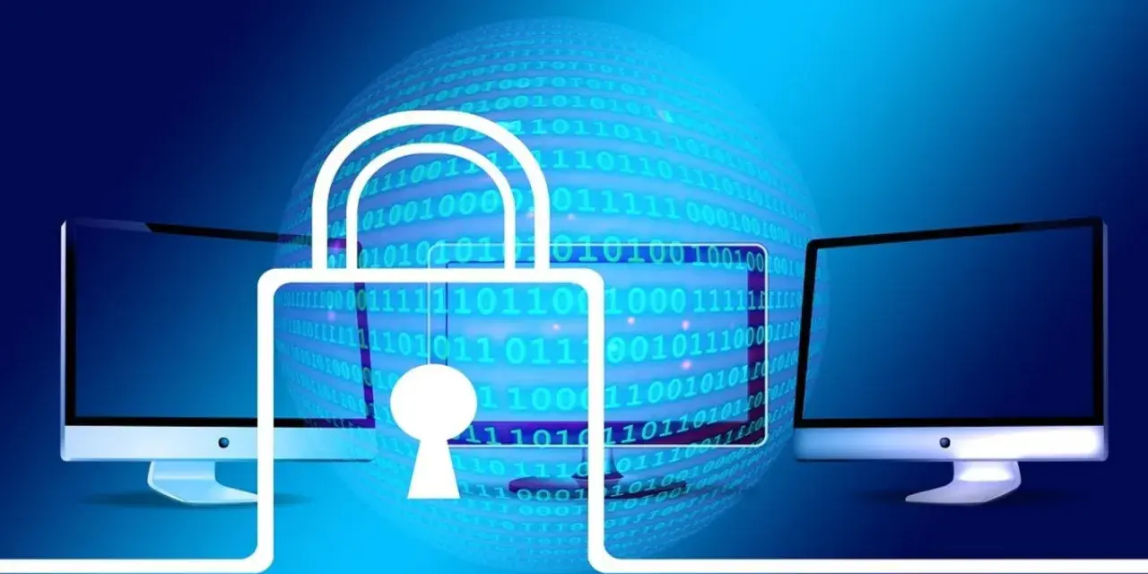 Dos ordenadores conectados a un globo terráqueo con código binario y un candado. ¿Telnet qué es? Seguridad digital.