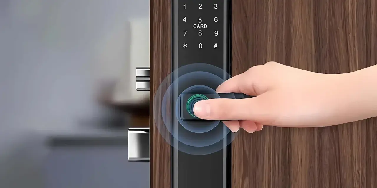 Mano desbloquea puerta con huella digital en cerradura inteligente. ¿Son seguras las cerraduras inteligentes? ¡Sí, con tecnología biométrica!