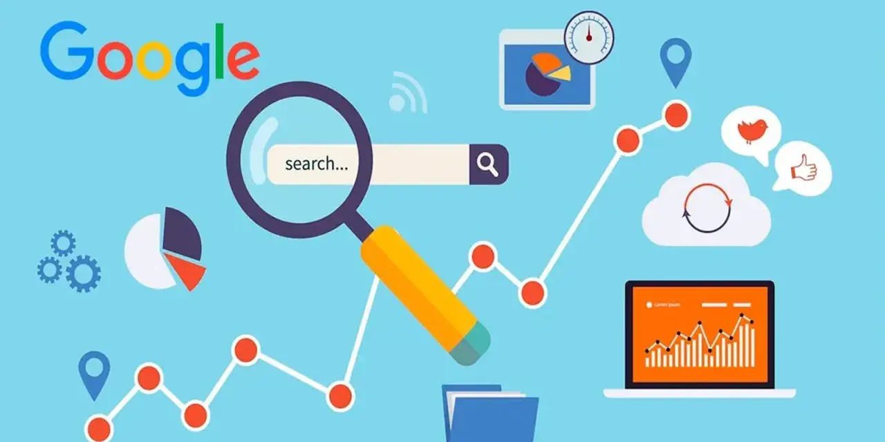 Gráficos, lupa y el logo de Google. Representa la inteligencia x en la búsqueda de datos y análisis.