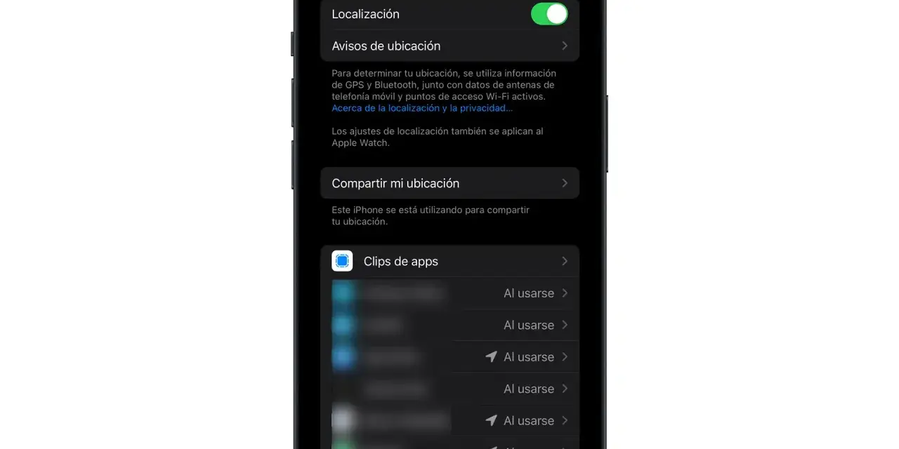 Ajustes de localización del iPhone, con la opción "Compartir mi ubicación" activa. El servicio de localización permite compartir tu posición.
