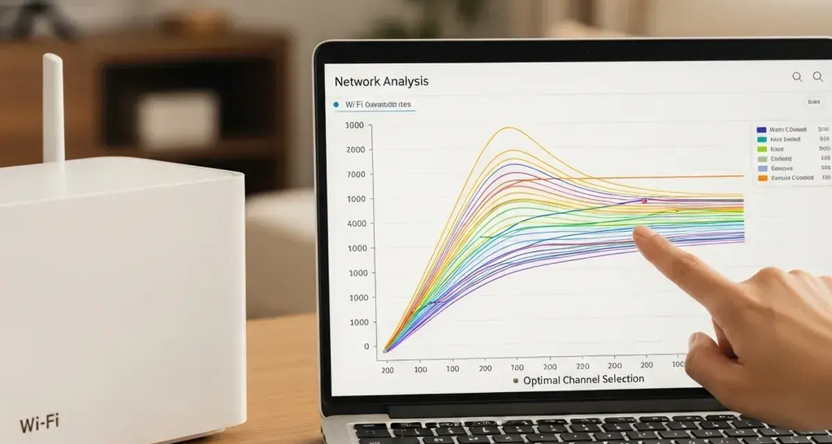 Un dedo señala un gráfico de análisis de red en una laptop, mostrando el rendimiento de varios canales Wi-Fi. Un router Wi-Fi blanco está al lado.