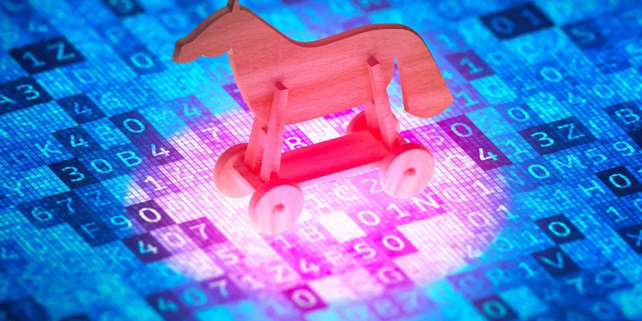Caballo de madera, un troyano informático, sobre un fondo de código binario y hexadecimal.