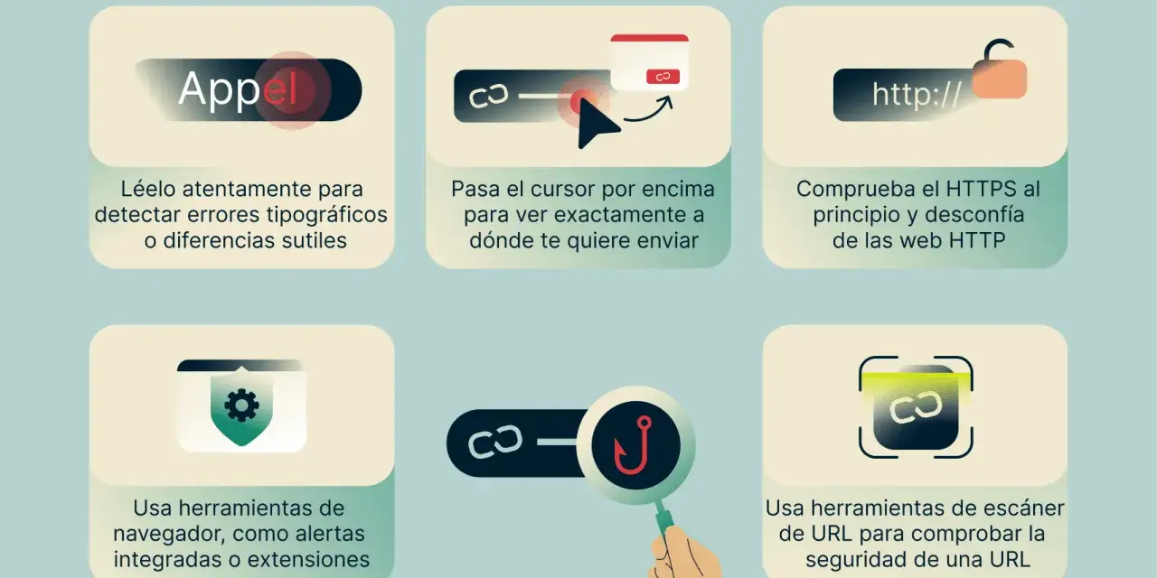 Consejos para detectar phishing: revisa la URL, comprueba HTTPS, usa herramientas de navegador y escáneres de URL para comprobar link.