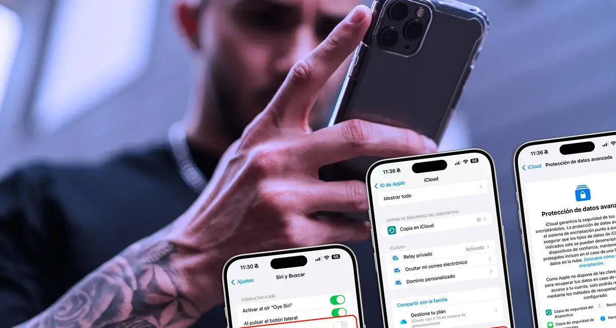Un hombre con tatuajes manipula un iPhone, mostrando opciones de seguridad y "Protección de datos avanzada", sugiriendo un posible hackeo de iPhone.