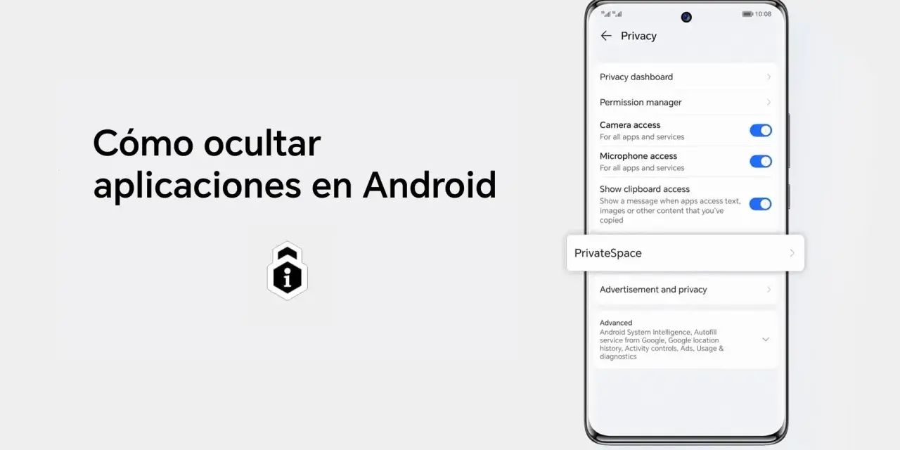 Guía visual sobre cómo ocultar aplicaciones en Android, mostrando la configuración de privacidad y la opción "PrivateSpace".