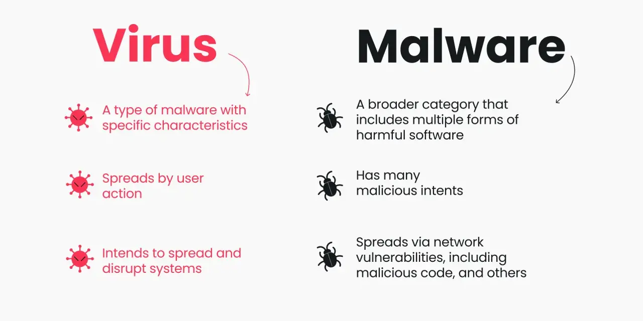 Comparación entre virus y malware. Un virus es un tipo de malware que se propaga por acción del usuario, mientras que el malware es una categoría más amplia de software dañino.