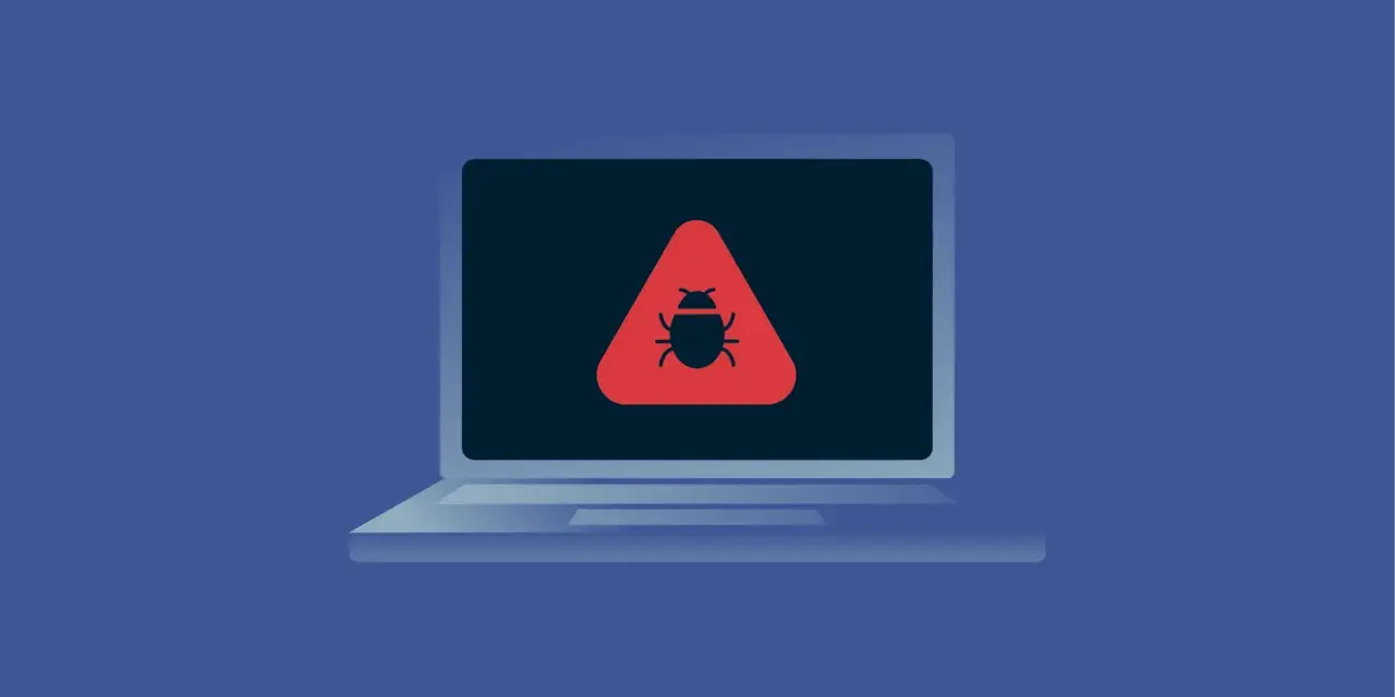 Laptop con alerta de virus. Un icono de insecto rojo dentro de un triángulo de advertencia en la pantalla indica la necesidad de un análisis de virus.