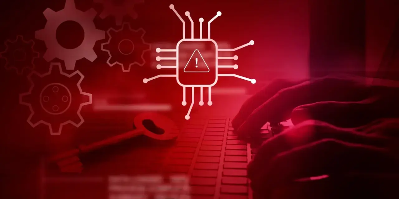 Manos tecleando, engranajes y una llave junto a un chip con alerta, simbolizando un virus digital.