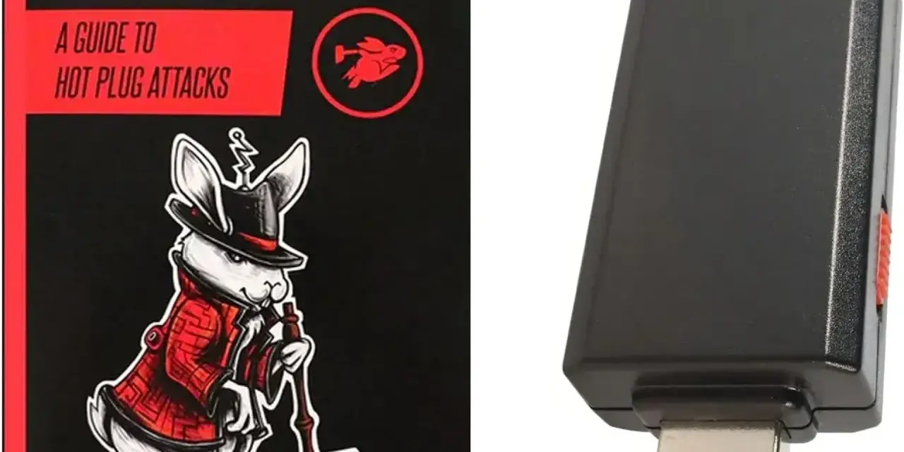Un libro sobre "Bash Bunny" y un dispositivo USB negro. El libro muestra un conejo con sombrero y abrigo, listo para atacar.