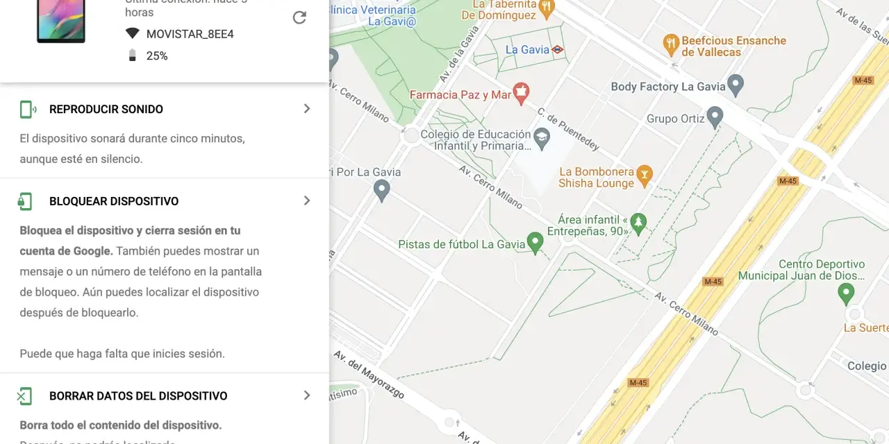 Pantalla de "Encontrar mi dispositivo" de Google. Muestra un tablet SM-T510 y un mapa. ¡No encuentro mi móvil!