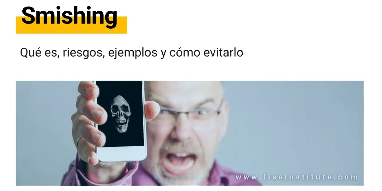Hombre muestra teléfono con calavera, advirtiendo sobre el peligro del sms spam y el smishing.