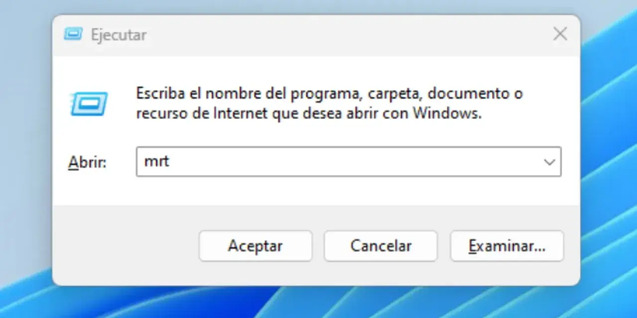 Ventana "Ejecutar" de Windows con "mrt" escrito, listo para iniciar el asistente de **virus removal**.