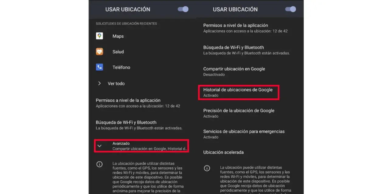 Ajustes de ubicación en Android. Muestra cómo activar el historial para ver la ubicación de un contacto.