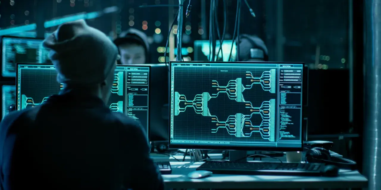 Un ordenador hacker en un cuarto oscuro, con pantallas mostrando diagramas de flujo y código.
