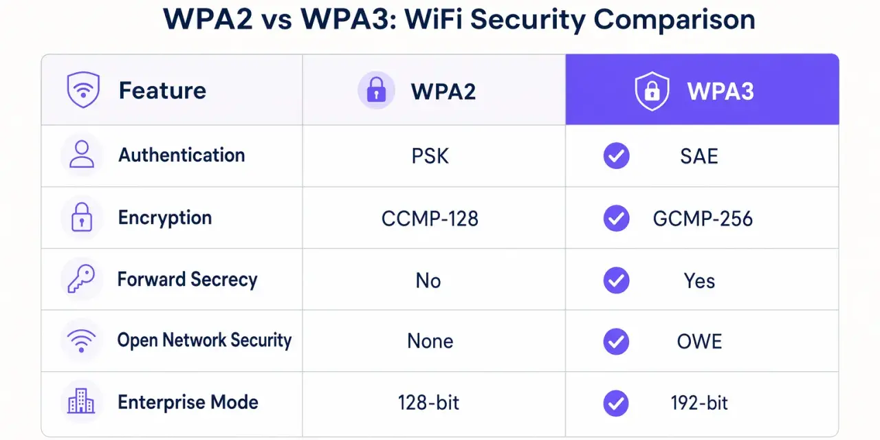 Tabla comparativa de seguridad WiFi: WPA2 vs WPA3. Muestra características como autenticación, cifrado y claves wifi WPA WPA2.