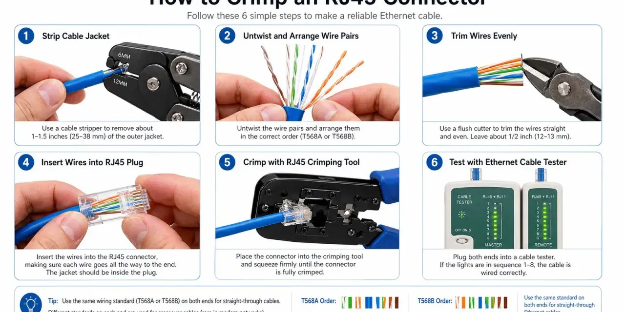 Guía paso a paso para crimpar un conector RJ45, incluyendo el orden de los cables T568A/B y la prueba con un tester.