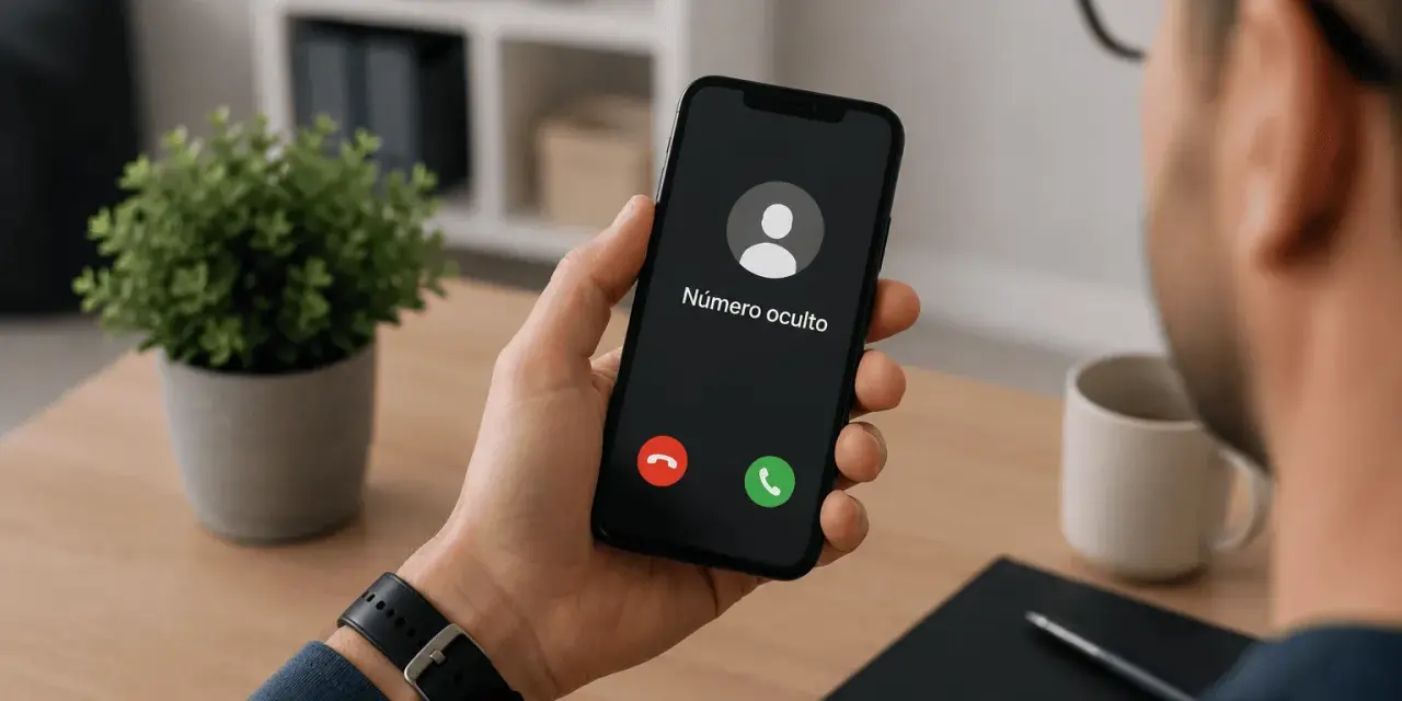 Un hombre mira su teléfono con una llamada entrante de "Número oculto". ¿Será posible rastrear llamadas anónimas?