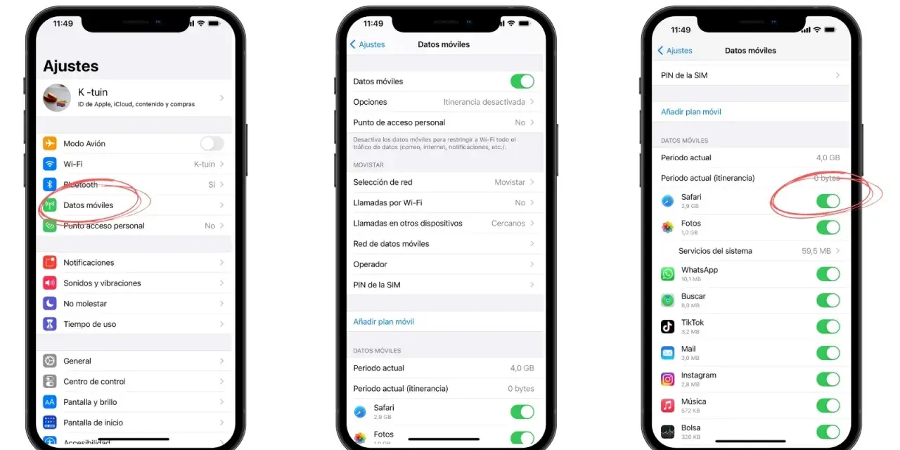 Captura de pantalla de un iPhone mostrando la configuración de "Datos móviles" para encontrar mi móvil iPhone. Se ve el uso de datos de Safari y Fotos.