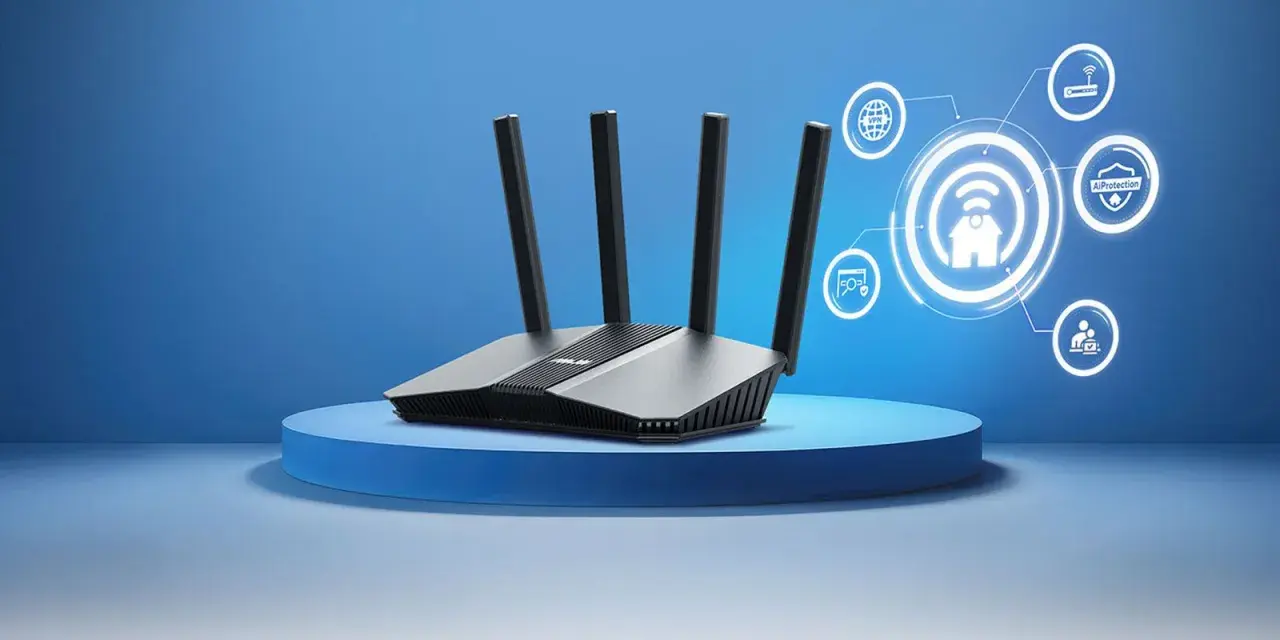Router con antenas y diagrama de red con iconos de seguridad y conexión.