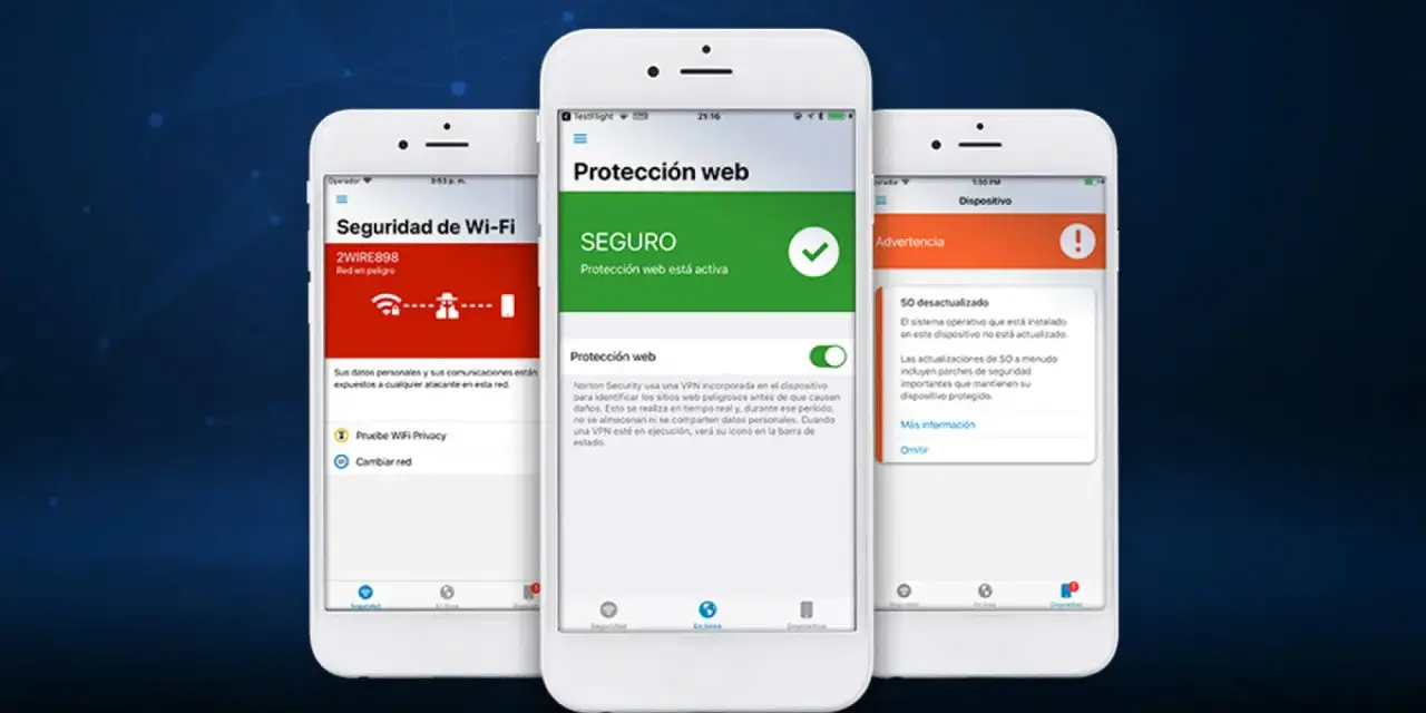 Tres móviles muestran interfaces de seguridad: Wi-Fi en peligro, protección web activa y advertencia de SO desactualizado. Ideal para pasar antivirus al móvil.
