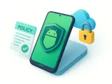 Un teléfono con un escudo de Android, un documento de "POLICY" y un candado en una nube. Así funciona la device policy para proteger tus datos.