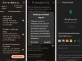 ¿Cómo saber si mi tablet tiene virus? Pantallas de configuración de privacidad y Play Protect, mostrando análisis y opciones de reinicio seguro.