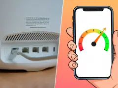 Velocidad de internet en un smartphone, con un medidor de rendimiento alto, junto a un router con puertos 2.5 GbE y 10 GbE, anticipando el futuro IEEE 802.11be.
