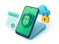 Un teléfono con un escudo de Android, un documento de "POLICY" y un candado en una nube. Así funciona la device policy para proteger tus datos.