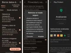 ¿Cómo saber si mi tablet tiene virus? Pantallas de configuración de privacidad y Play Protect, mostrando análisis y opciones de reinicio seguro.