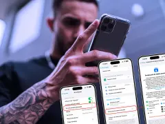 Un hombre con tatuajes manipula un iPhone, mostrando opciones de seguridad y "Protección de datos avanzada", sugiriendo un posible hackeo de iPhone.