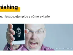 Hombre muestra teléfono con calavera, advirtiendo sobre el peligro del sms spam y el smishing.
