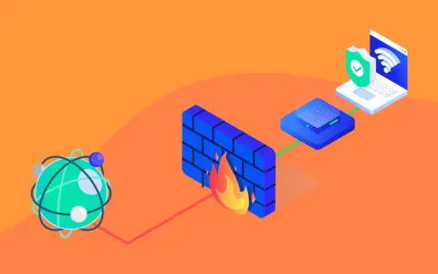 Un firewall protege tu red. Un globo atómico se conecta a través de un muro de ladrillos en llamas a un dispositivo y luego a un portátil con un escudo de seguridad.