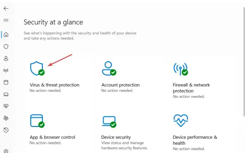 Protección contra virus y amenazas en Windows Security. El sistema indica que no hay acciones necesarias, evitando así cualquier win32 pup gen.
